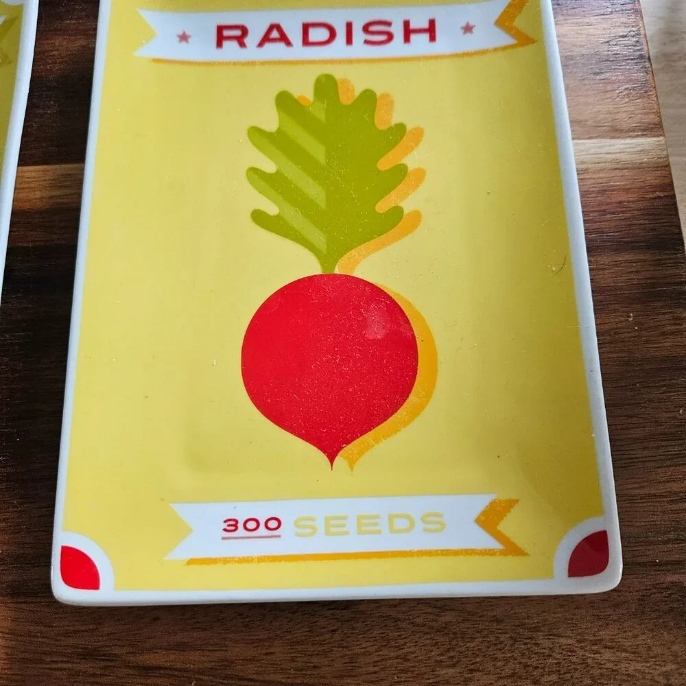 appetizer plates made to look like a seed packet two onion&radish crate&barrel